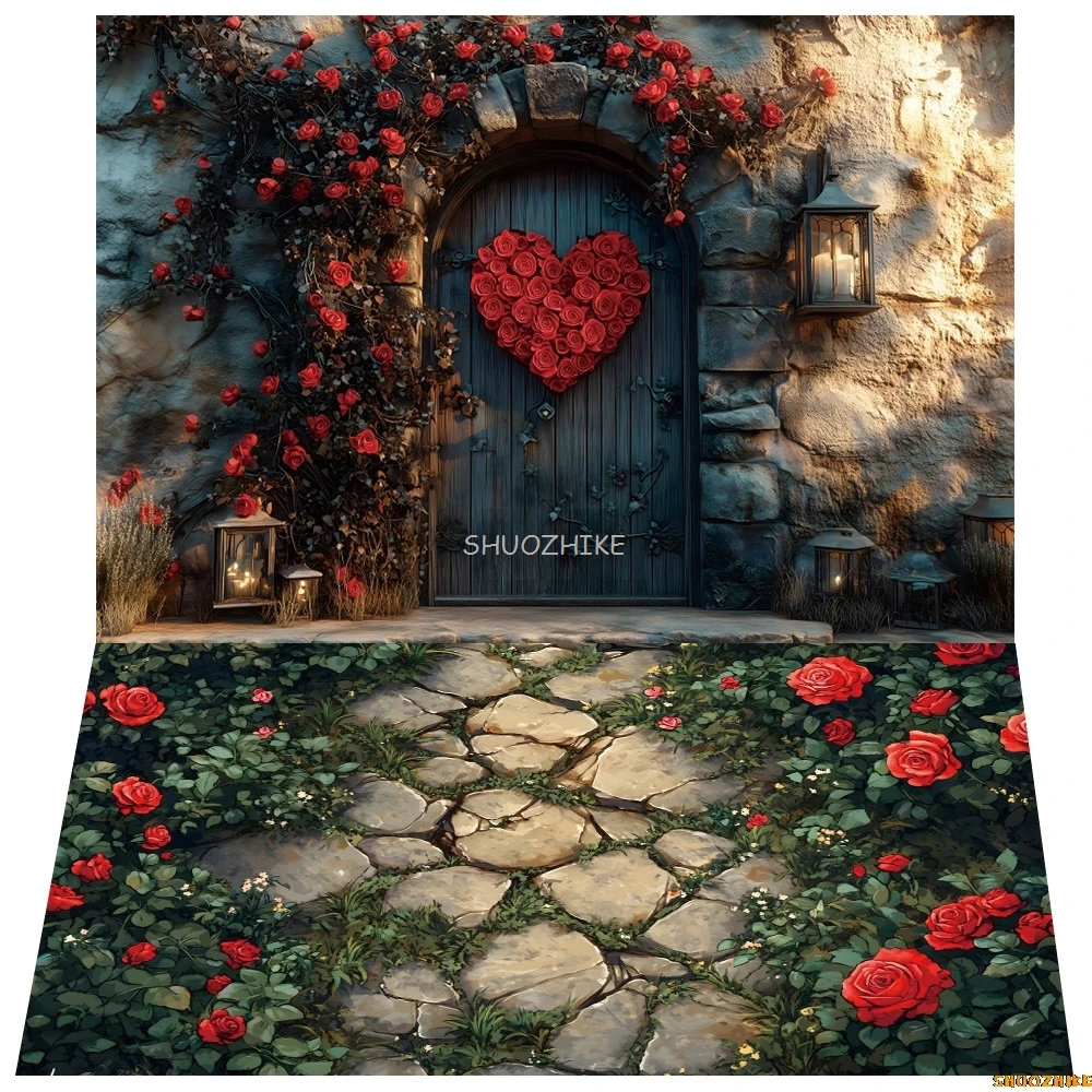 Фон на День святого Валентина Романтический цветок розы Любовь Сердце Камень Стена Деревянная дверь Свадебная пара Портретная фотография Фон
