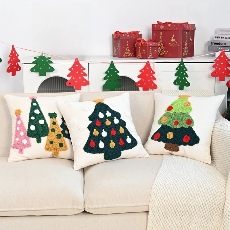 45x45CM Christmas Tree Throw Pillow Cover Nordic Embroidery Stamping Waist Cushion Cover Decor Home Decorative Pillowcase
