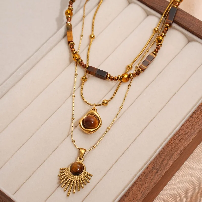 3Pcs Beaded Necklace Set Sun Pendant and Irregular Tiger Eye Stone Pendant Stackable Necklace Bohemian Women's Jewelry