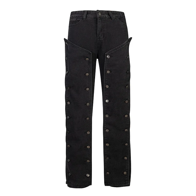 

Men's Fashion Hip Hop Jeans Pants With Multi Buttons Decoration Straight Fit Y2K Style Denim Trousers Bottoms