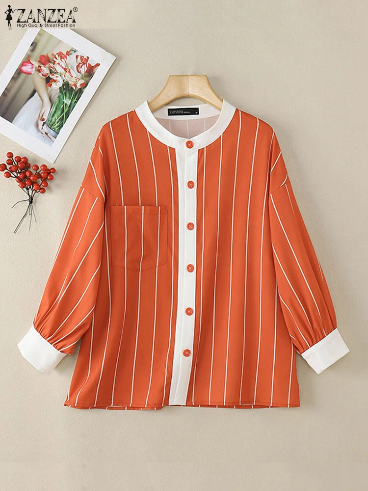 

ZANZEA 2025 Elegant Autumn Stripes Blouses Casual Drop Shoulder Shirts Women 3/4 Sleeve Tops Casual Splicing Open Up Tunics