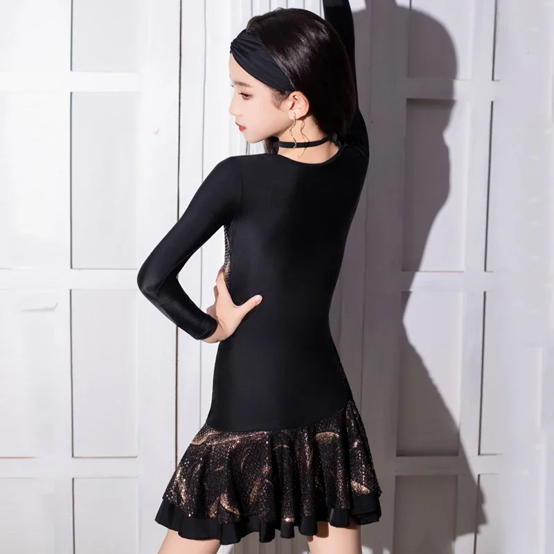 Crianças vestido de dança latina meninas preto manga longa desempenho terno cha cha rumba prática dancewear glitter roupa latina