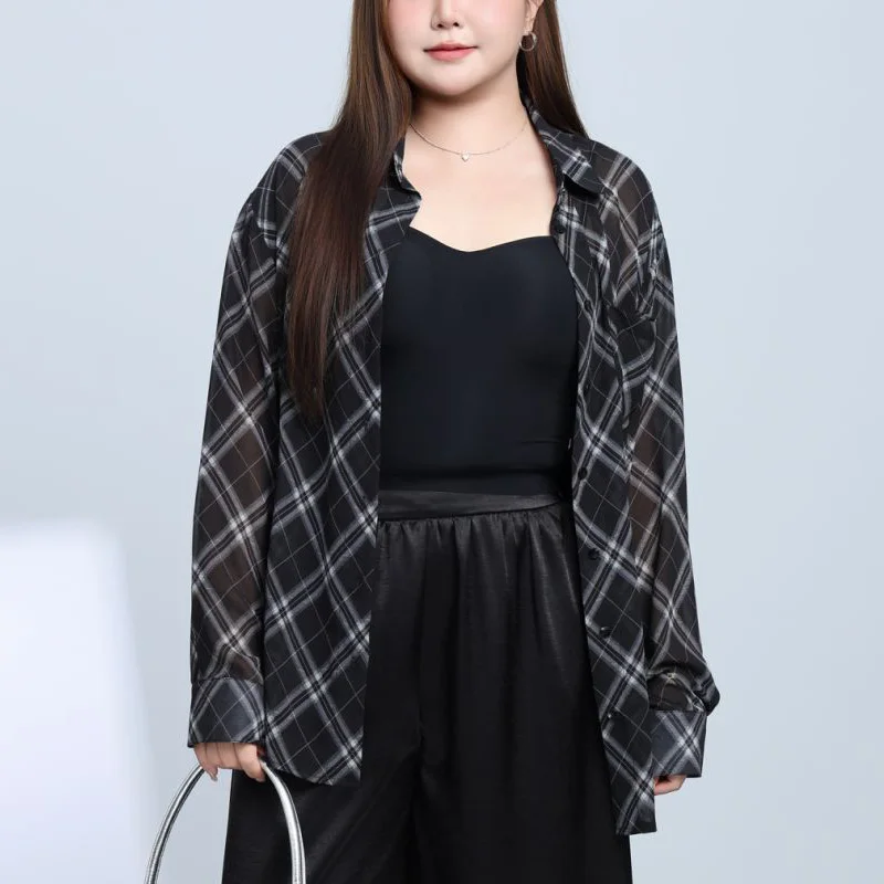 

Long Sleeve Thin Sun Protective Chiffon Plaid Blouses Plus Size Women Summer Premium Casual Loose Watermarked Bandage Shirt