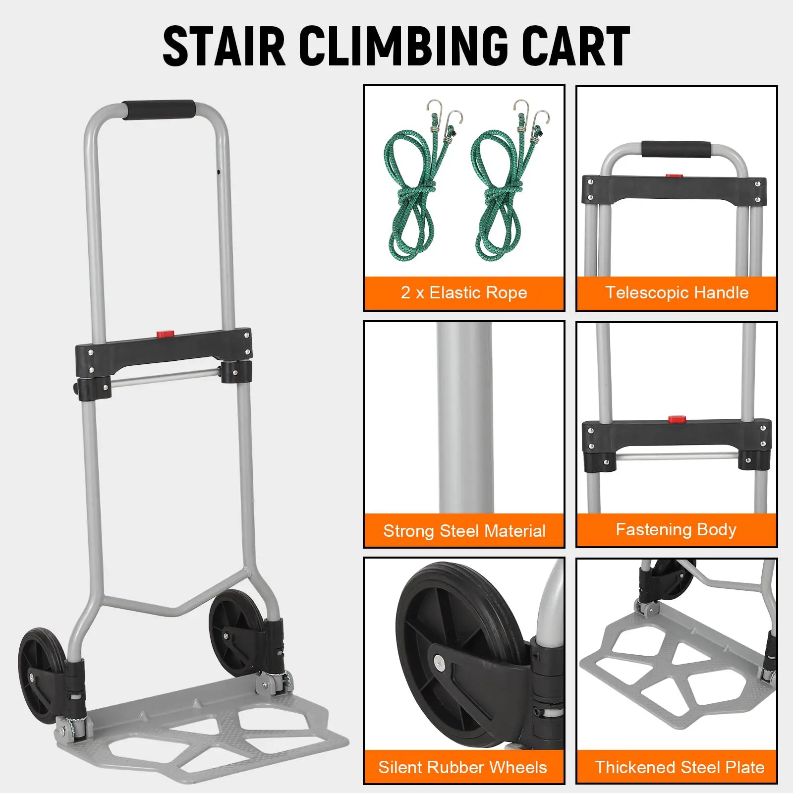 Carrello pieghevole per carrello a mano, carrello in acciaio portatile resistente con capacità di 180 libbre con maniglia telescopica, 2 corde elastiche