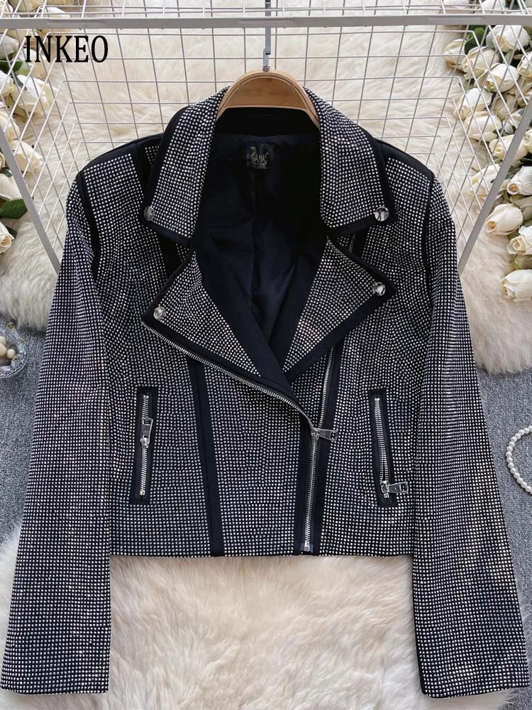 

High quality Design Rhinestone blazer Women's Luxury Notched collar Zipper jacket 2024 Spring Autumn Short coat INKEO 4O047