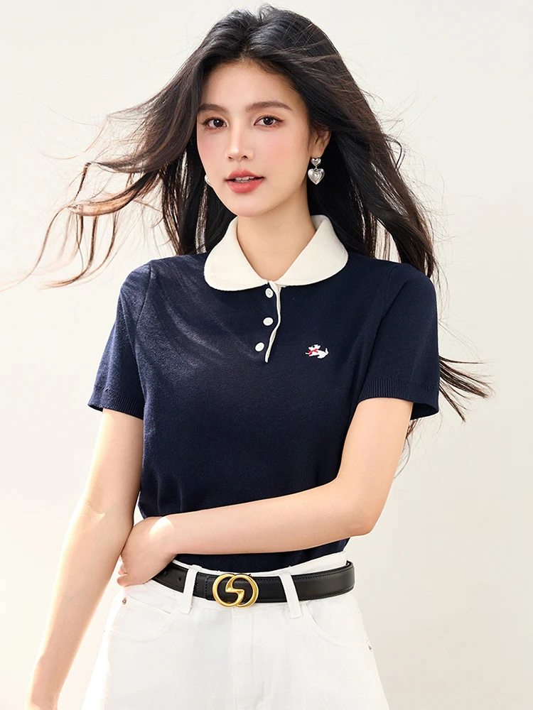 كلية نمط قصيرة الأكمام تي شيرت المرأة بولو الرقبة محبوك قميص شيك التخسيس تي شيرت الإناث أنيقة بلايز المحملة 2025 الصيف