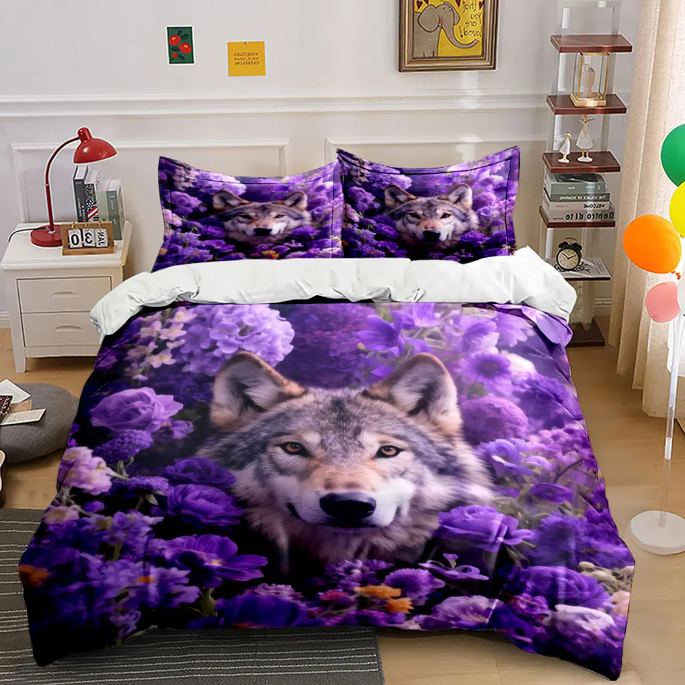 Wolf Floral Decor Set Bedding Set with 1 Duvet Cover 2 Pillowcases Single Double King Queen, Gift