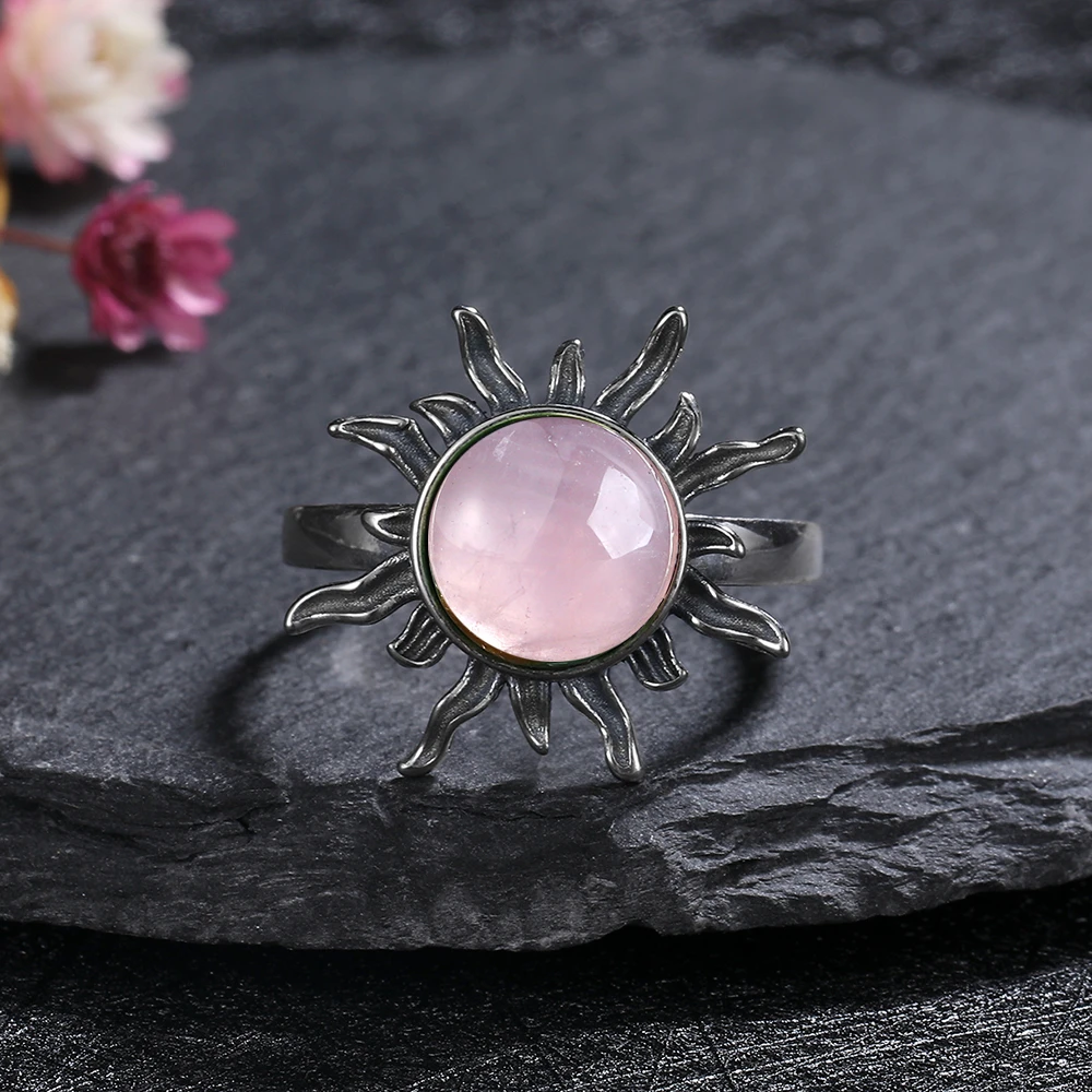 Round 10mm Natural Labradorite Rose Quartz Rings for Women Men 925 Sterling Silver Ring Retro Gemstone Rings Jewelry Party Gift