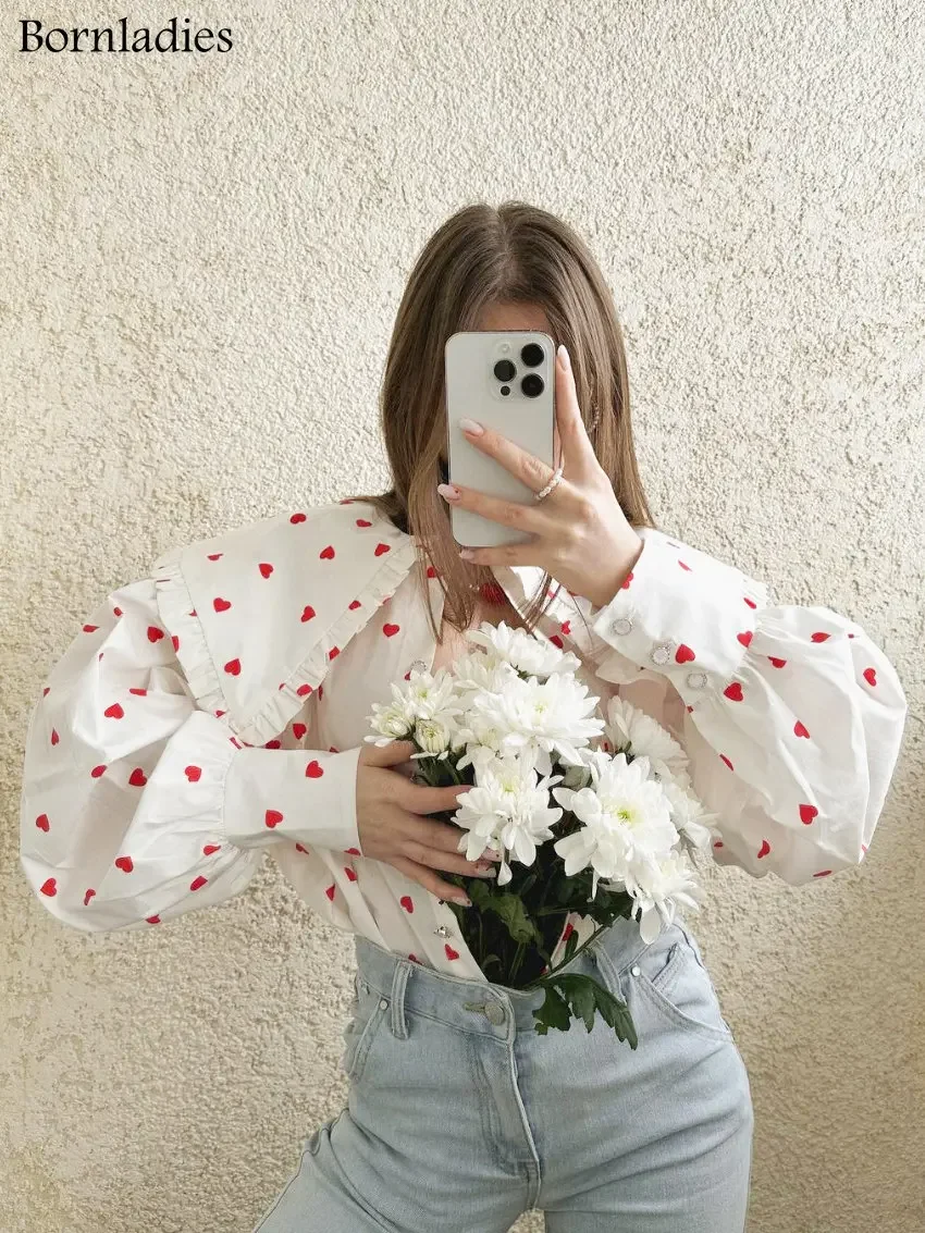 Bornladies-Blusa con volantes y cuello Peter Pan grande para mujer, camisas de algodón de manga larga con estampado de corazón, Tops para mujer,