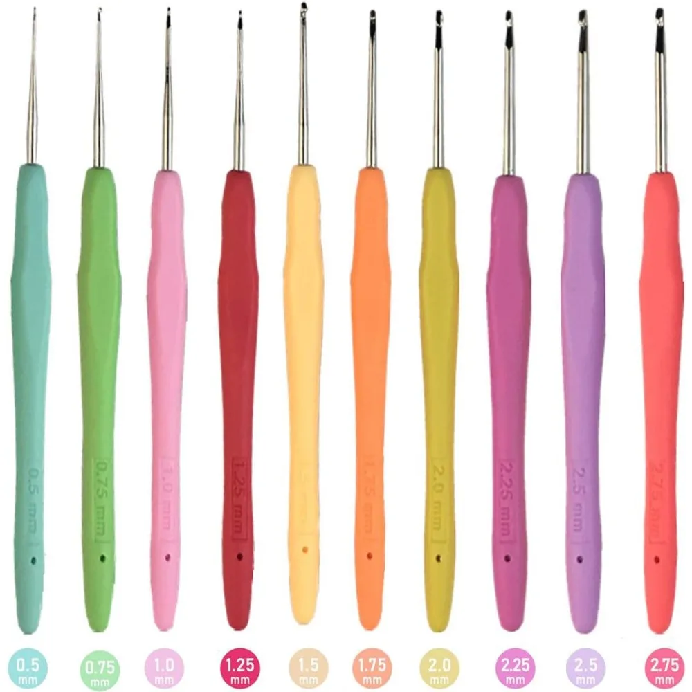 10-teiliges Spitzen-Häkelnadel-Set 0,5mm-2,75mm Ergonomische Nadeln mit Weichem Griff für Feingarn Stricken & DIY Handarbeitswerkzeuge