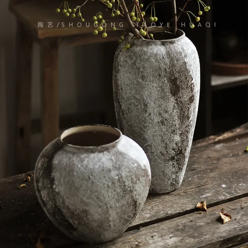 Mottled Ceramic Wabi Sabi Small Vase Retro Coarse Pottery Ornament for Living Room Flower Arrangement Dried Flower Water