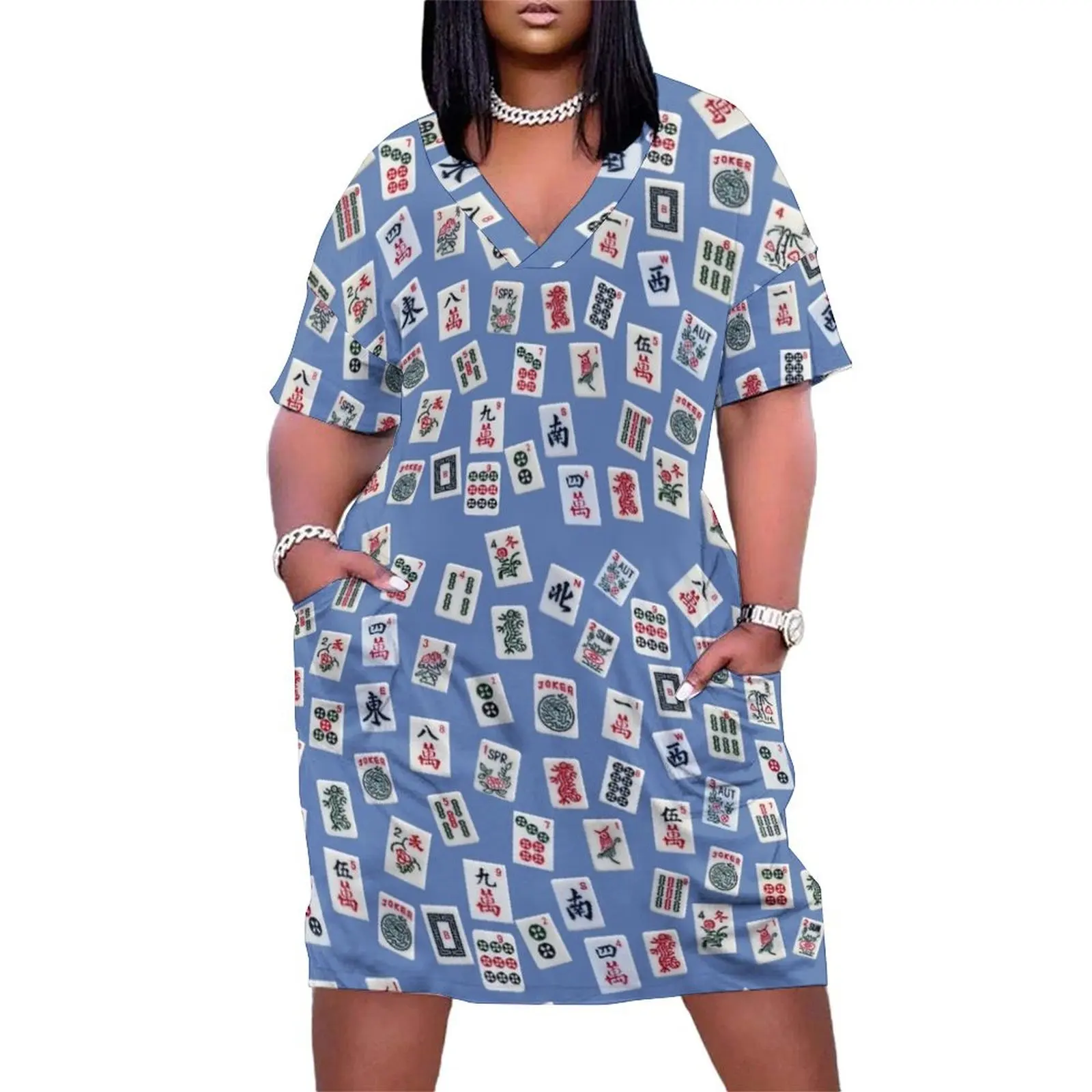 

MahJong tiles symbols design on blue Loose Pocket Dress women's fashion dresses Female clothing