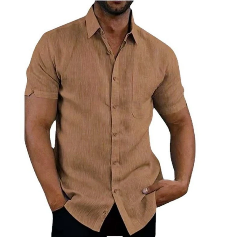 Camisas de linho manga curta masculina, camisa de cardigã respirável, casual, bolso para o peito, praia, verão, casamento