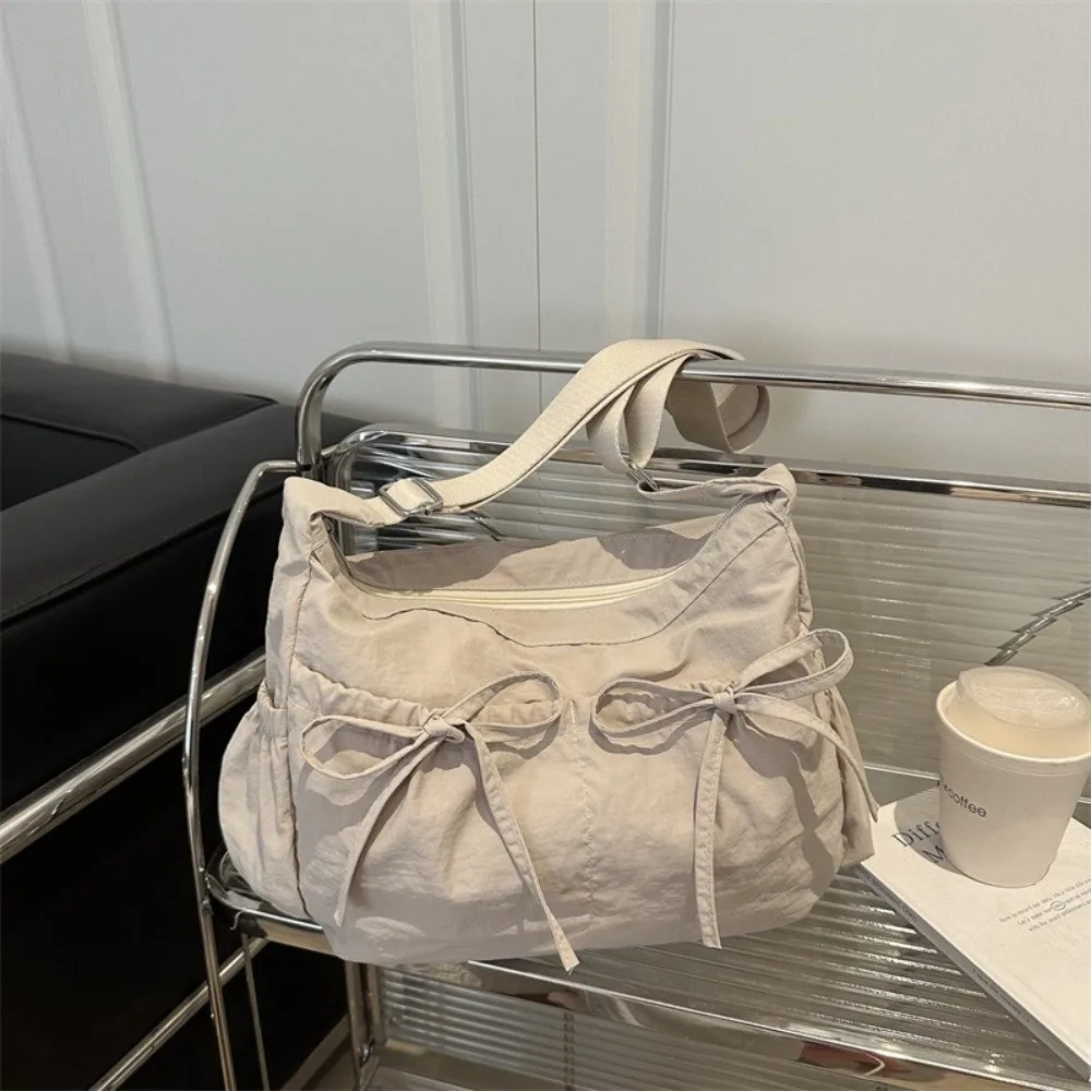 

Sweet Pleated Bow Crossbody Bag Solid Color Multiple Pockets Nylon Shoulder Bag Large Capacity Lightweight Hobo Bag Travel