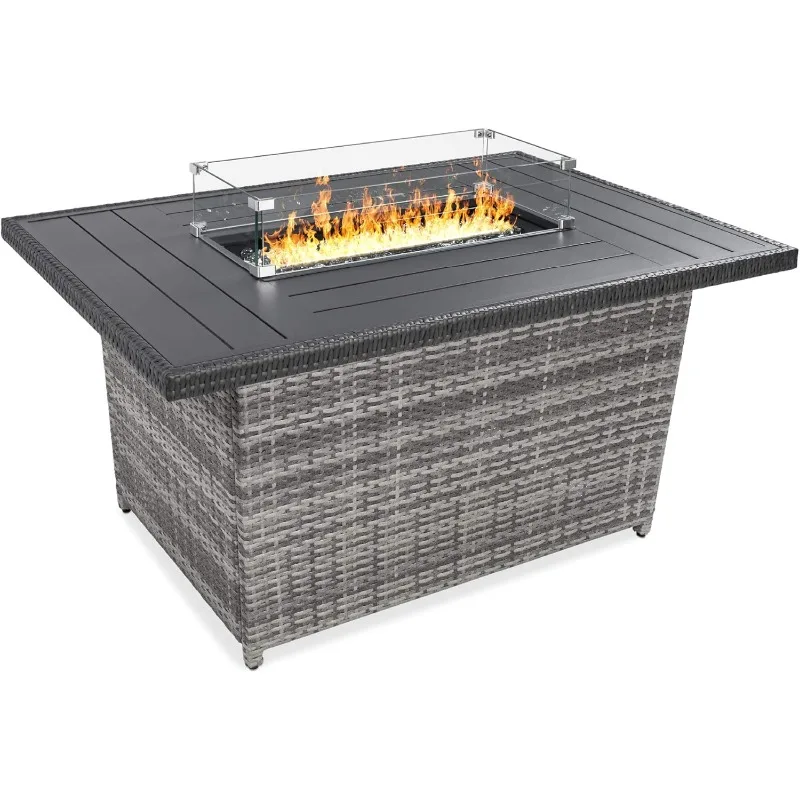 

Choice Products 52in 50,000 BTU Outdoor Wicker Patio Propane Gas Fire Pit Table w/Aluminum Tabletop, Glass Wind Guard, Clea