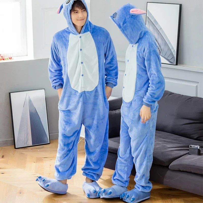 Adults Kigurumi Onesie Couple Flannel Sleepwear Unisex Stitch Cartoon Animal Pajamas Set Winter Warm Flannel Hooded Pajama Women