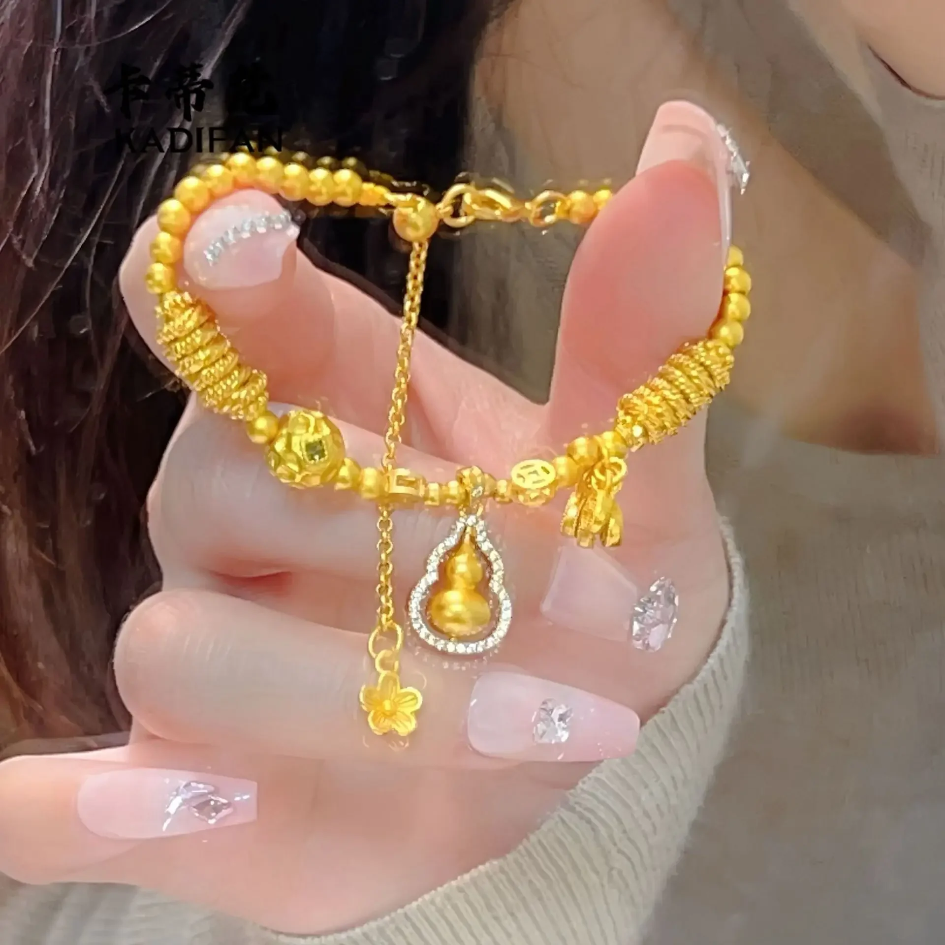EternaGold  9999 24K real gold point drill rotating small gourd safe transport beads disk wrap bracelet women's high-end disk wr