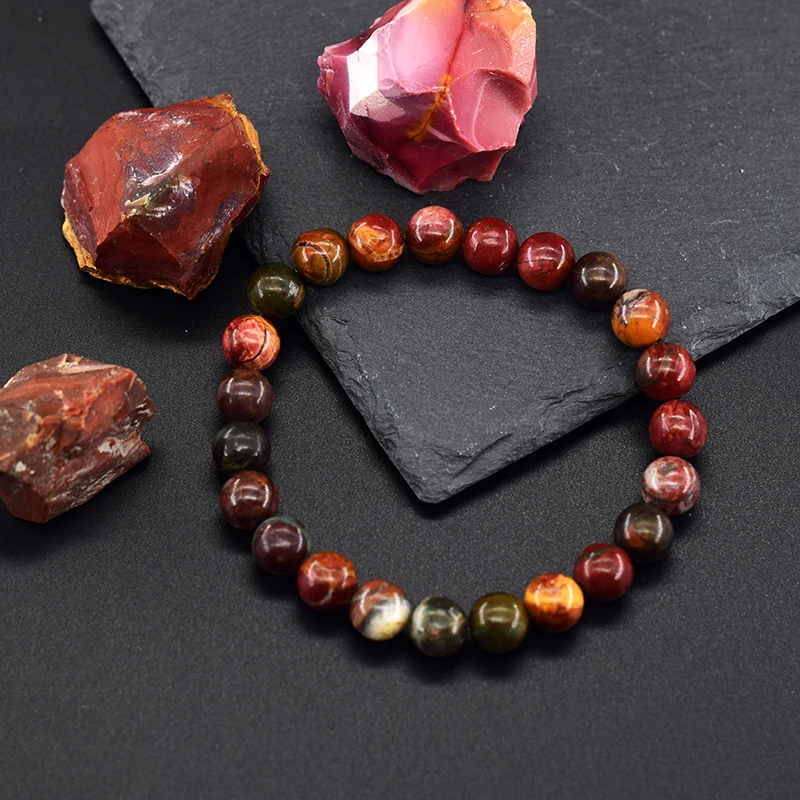 Natural Red Picasso Jasper Stone Beads Elastic Bracelet Men Women Round Red Pine Beads Jewelry Healing Crystal Jade Bangle Gift