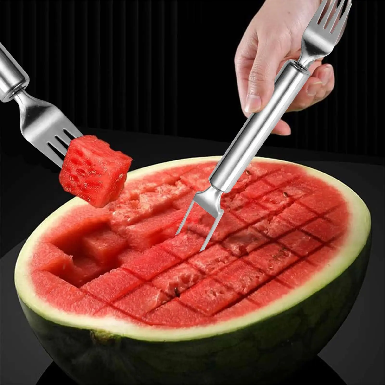 2-in-1 Stainless Steel Fruit Cutter, 2024 New Watermelon Fork Slicer Cutter, Dual Head Fruit Forks Slicer Watermelon Cutter Tool