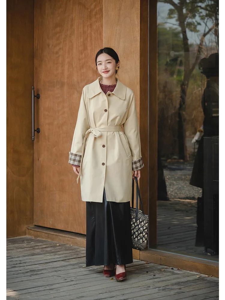 

Cherry Blossom Spring Autumn Women's Long Coat Light Beige Color Briti Sle Vintage Loose Fit Cotton Windbreaker Jaet