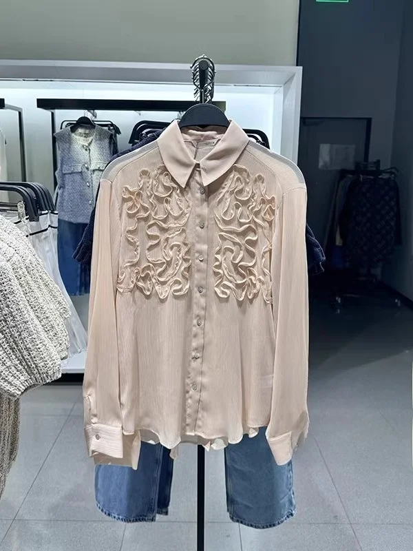 

Spring Summer New Women's Faionable Versatile Embellied Design Loose Long Sve Turn-down Collar irt 389708