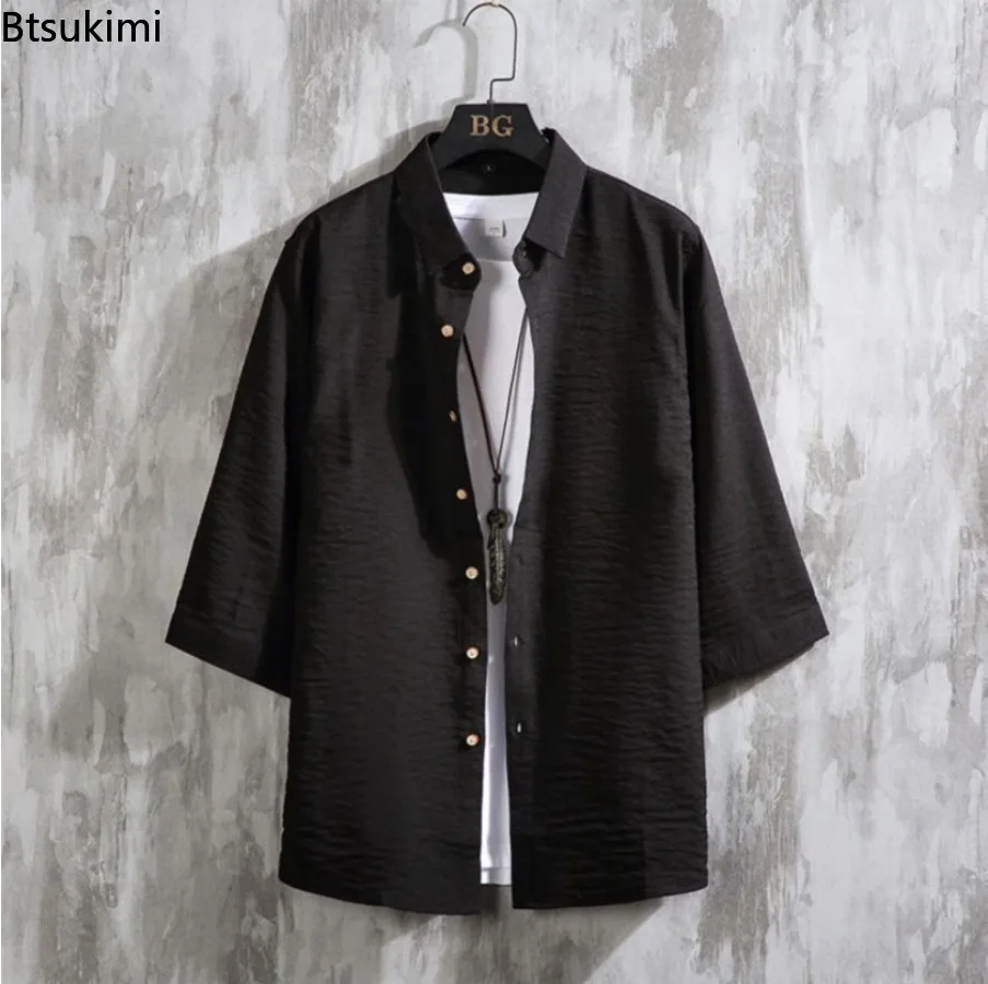 Large Size 7XL Men\'s Loose Casual Shirts Fashion Simple Solid Lapel Cardigan Tops Breathable Versatile Cotton Linen Shirt Coats