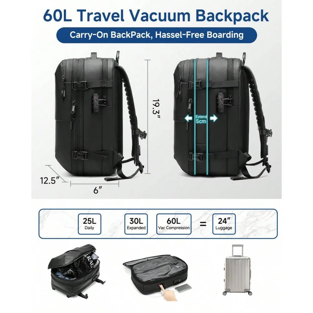 One-Click Expandable Vacuum Compression Backpack 60L with TSA Lock Fits 17 Inch Laptop Lightweight Durable Carry On Travel Camping Hiking Weekend Bag for Men Women Airline Approved view 7