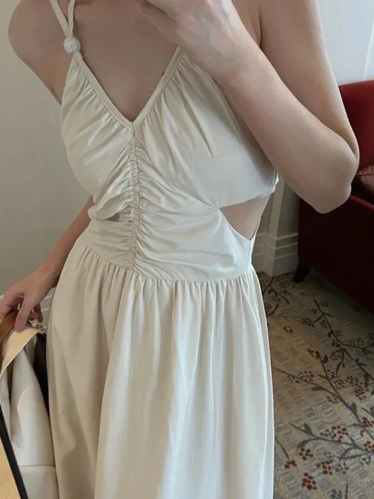 فستان صيفي من Vestidos De Mujer لعام 2025 ملابس نسائية بخصر عالٍ طيات بدون أكمام وظهر مثير رداء نسائي فساتين ماكسي عصرية