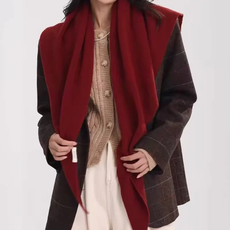 

Autumn Winter New Scarf 100% Wool Triangle Large Shawl Women's Striped Thickened Outer Vest Knitted Warm Shoulder Scarf