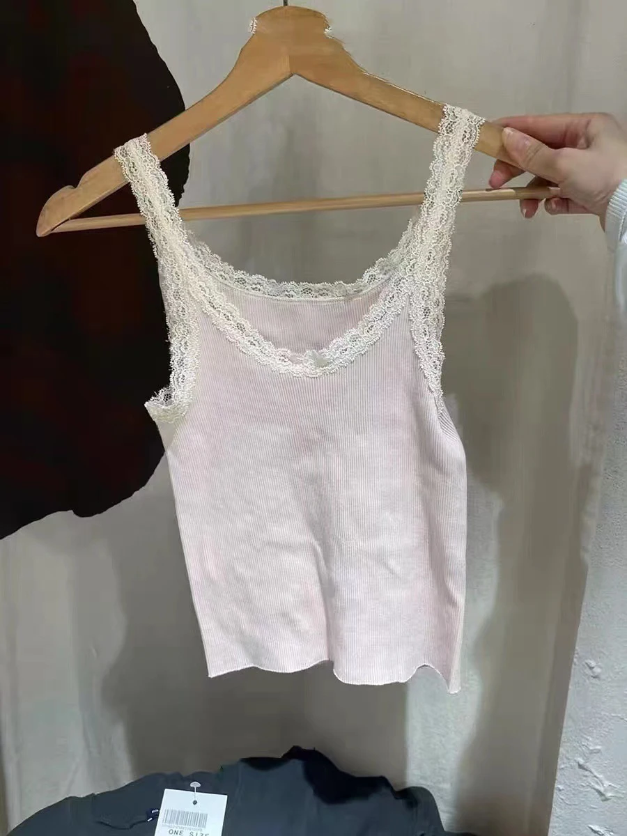 Pink Lace Trim Slim Tank Tops For Women Summer Sweet Chic Cotton Cropped Vest Preppy Style Simple Sleeveless Crop Top Camis New