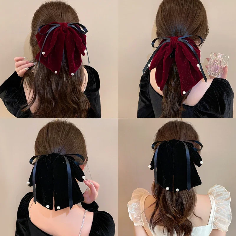 Girl Elegant France Style Claw Clip Velvet Black Red Big Bow Fashion Hair Claw for Women Sweet Chic Student Hair Accesories