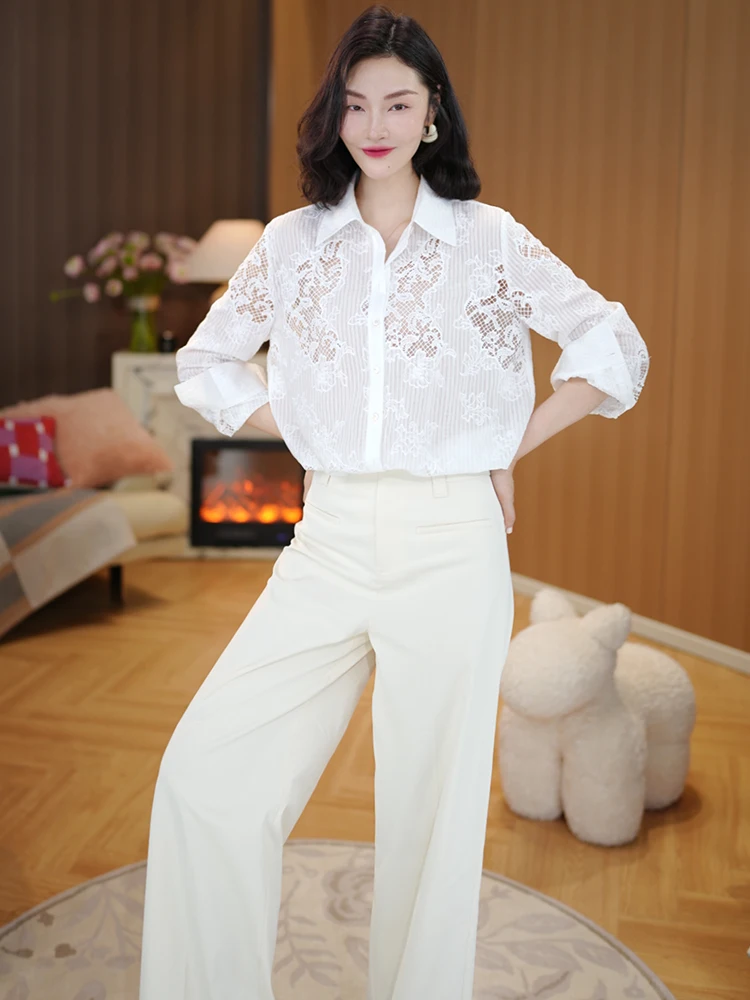 

Ele Embroidered Hollow out Linen Lyocell Blend Gentle Sun Protection irt Top Design Sensation Soft Sle Women's Faion