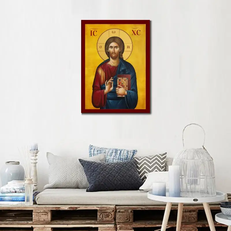 Jesus Christ Icon Canvas Art Handmade Greek Orthodox Painting Byzantine Artwork Family Room Decor Religious Gift High Quality