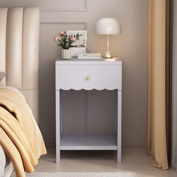 

Modern Nightstand with Drawer and Open Shelf,Scalloped Edge Bedside Table for Bedroom, Cute Minimalist Side Table for Kids Room