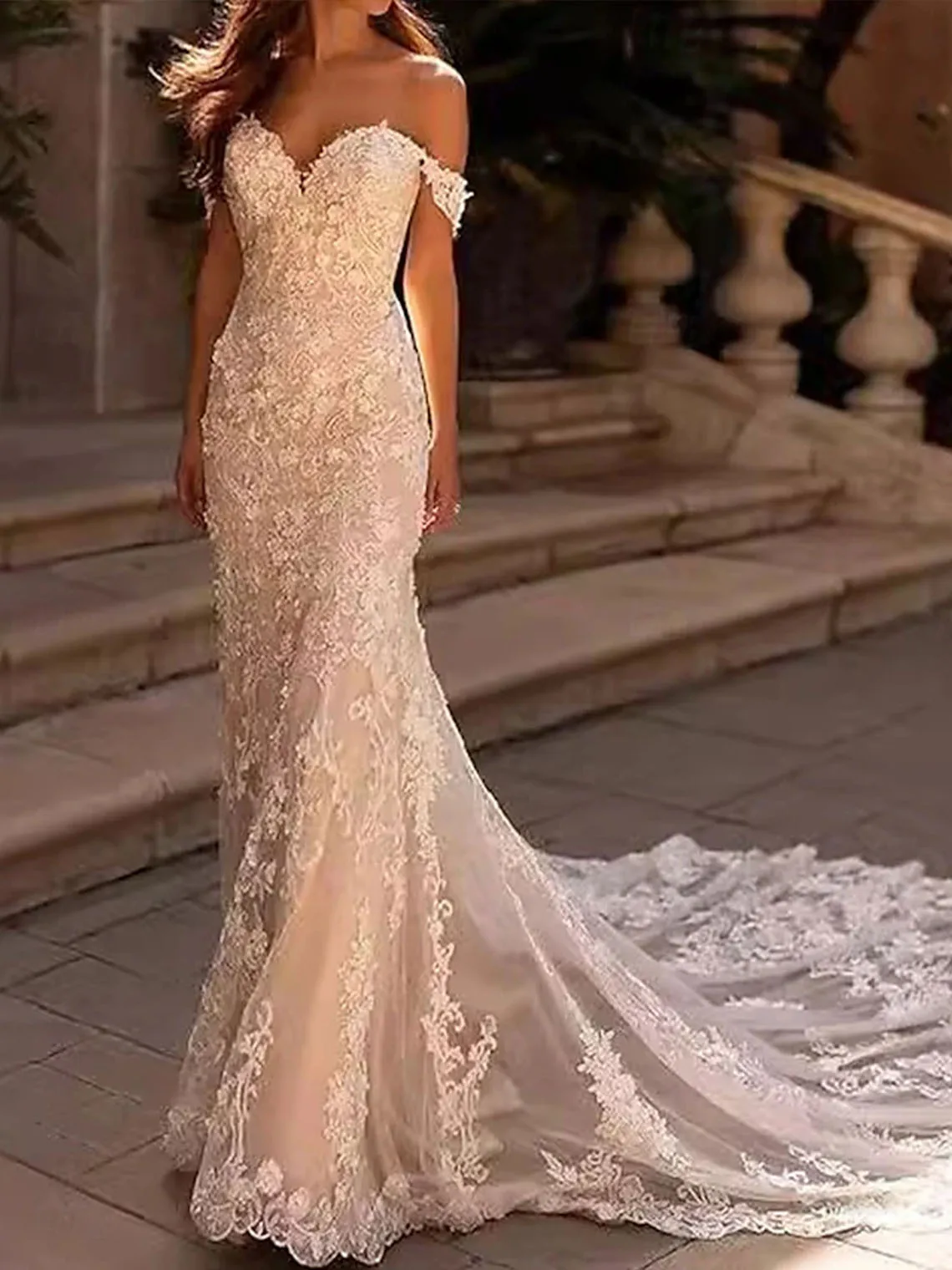 

Свадебное платье русалки с открытыми плечами, оборками и аппликациями, высокая талия, тюль, без рукавов, со шлейфом, 2025 г., бесплатно по индивидуальному заказу