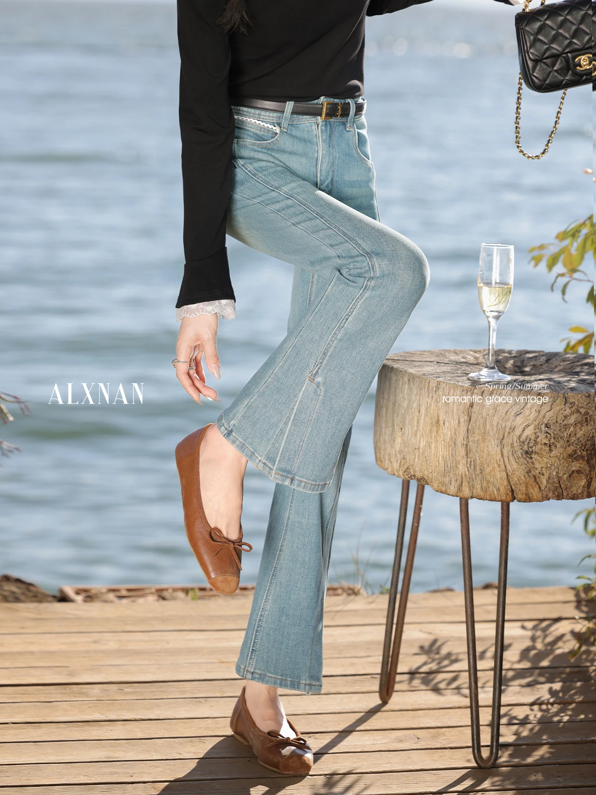 ALXNAN Blue Women Jeans Spring 2025 New Temperament Slim Pants Fashion Casual High Waist Designer Bell Bottom Jeans L52859