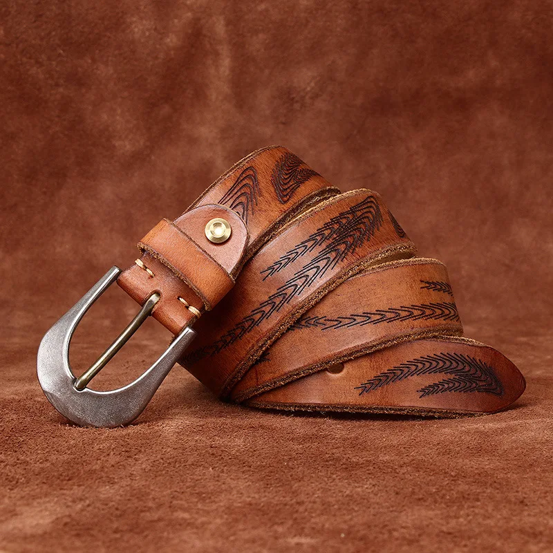 3.8CM Wide Man Retro Trendy Design Personalized Genuine Leather Embossed Belt Men's Cowhide Steel Buckle Jeans Strap Belts