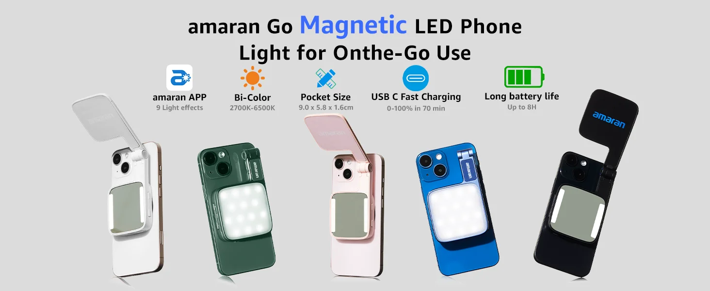 amaran Go Ultra-Compact Built-in Mirrored Mini LED Phone Light Magnetic Mount Versatile Flip Design for Vlog Selfies by Aputure