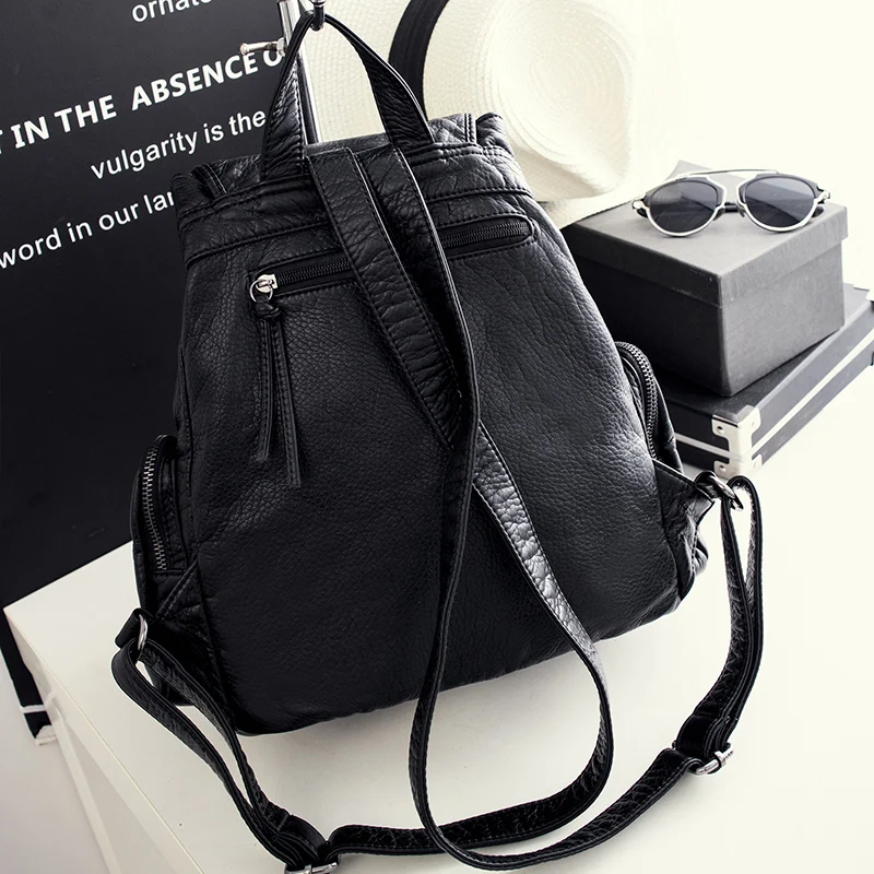 Fashion Women Backpacks Soft Washed PU Leather Travel Bag Female Drawstring Backpack High Capacity School Bags for Women