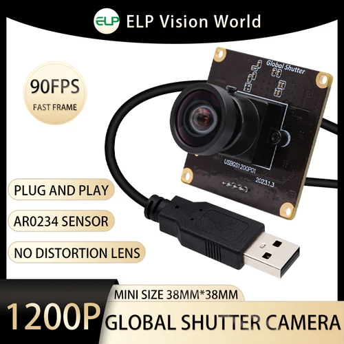 ELP 1200P 글로벌 셔터 USB 카메라 모듈 골프 스윙 3D 프린터 로봇 용 왜곡 렌즈가없는 고속 2MP 90FPS 웹캠