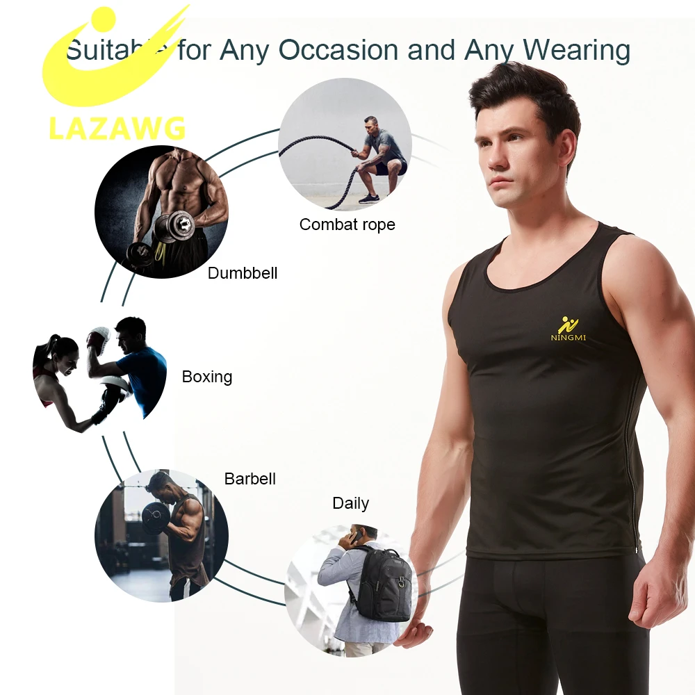 LAZAWG Men Sauna Tops Zipper Body Shaper Waist Trainer Vest Gym Weight Loss Fat Burner Workout Slimming Shirt Sweat Thermal Suit