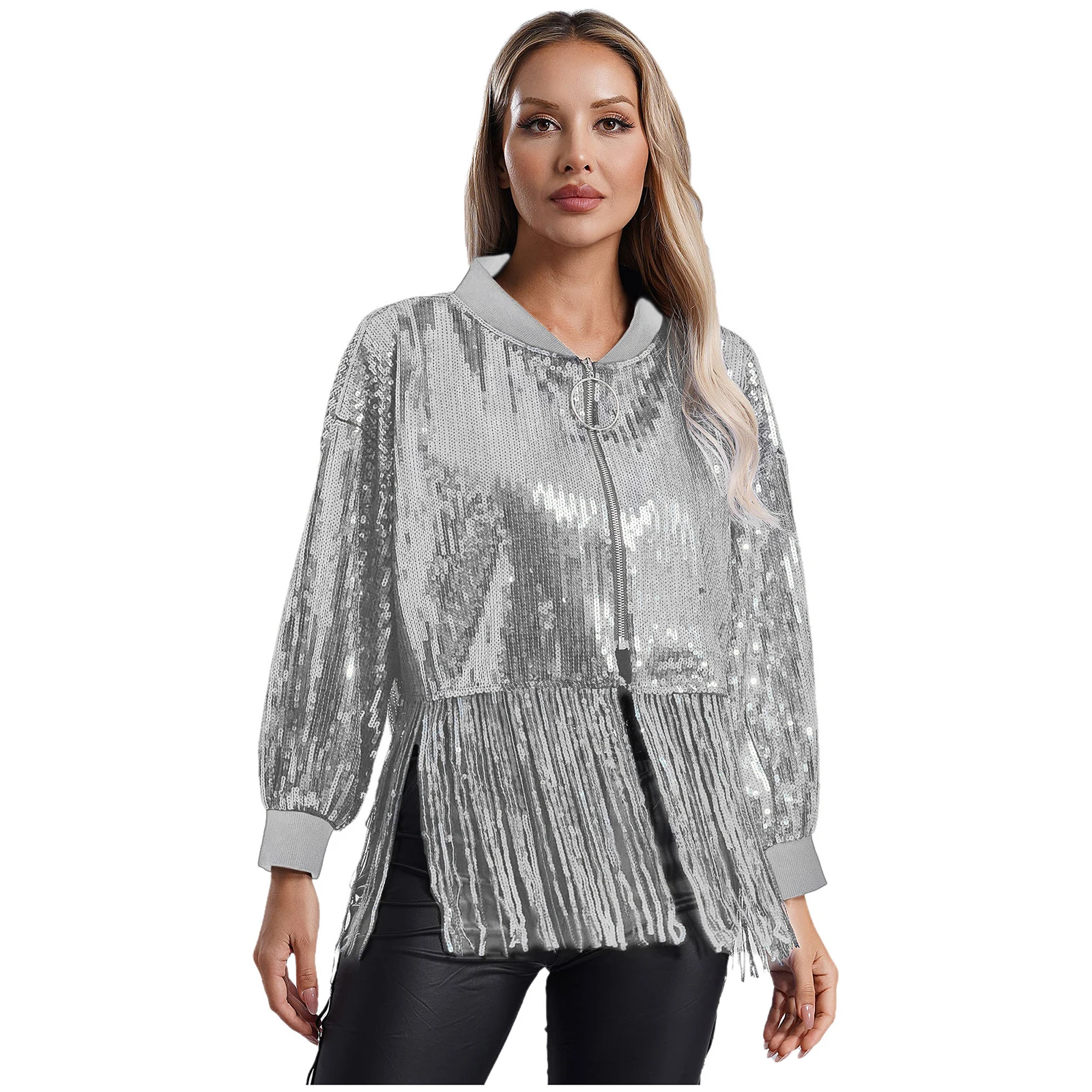 Cappotto da donna Fashon giacca con Zip da donna con paillettes lucide con capispalla con frange per discoteca Bar Stage Dancing Carnival Party Costume