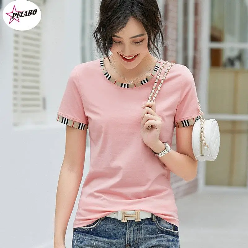 PULABO Tees Summer Women's Shirts Casual Fashion Y2k O-neck Slim T-shirts Korea Office Ladies Short-sleeved Simple Top y2k