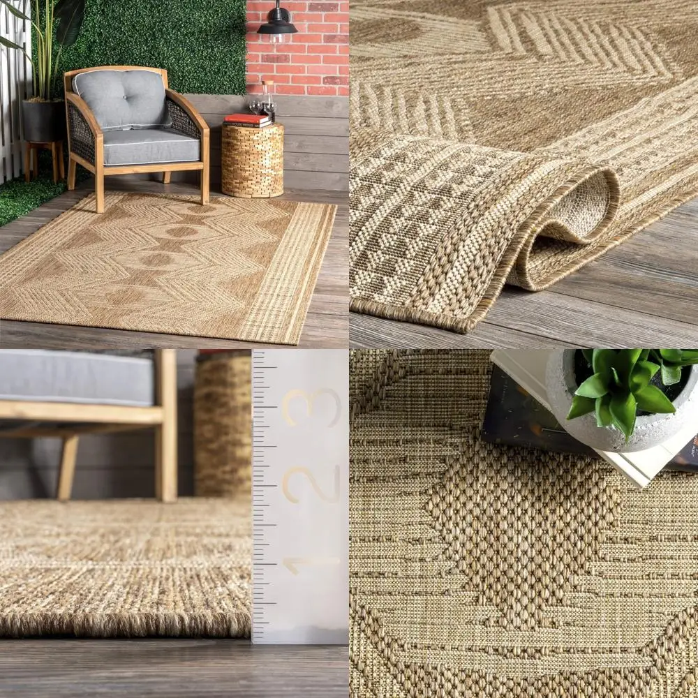 

nuloom 4x6 outdoor/indoor ranya tribal area rug, light brown, geometric design, stain resistant, highly durable, for patio, balc