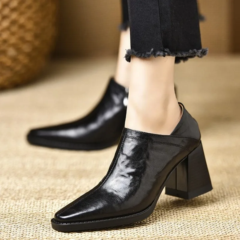 Retro Brown Spring Autumn Square Head Wood Grain Chunky Heel Deep Mouth Women Work High Heels Zipper Side Single Shoes