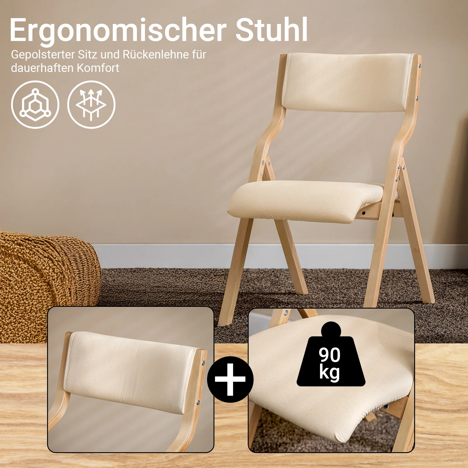 SoBuy FST40x2 Set mit 2 klappbaren Holzstühlen, ergonomische, gepolsterte Küchen- und Esszimmerstühle, Klappstuhl für Balkon und Büro – Detail 6