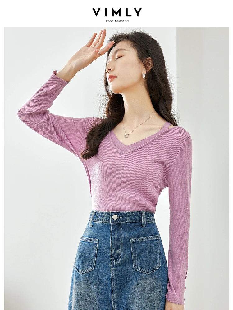 Vimly Wool Blend Long Sleeve Knitted Top V-neck Jumpers Woman 2024 Spring High Strecth Pullover Sweater Female Knitwear 72853