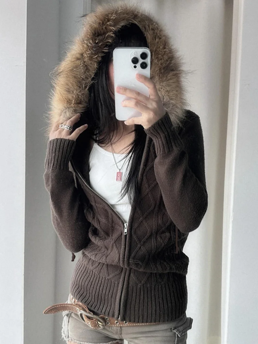 wsevypo American Retro Cable Knit Cardigans Women's Long Sleeve Furry Plush Trim Hooded Sweaters Coats Harajuku Streetwear