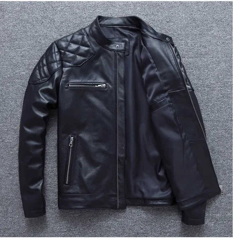 LNY Shop Top.Classic Motor Rider Short leather jacket.Mens black Slim cowhide coat.quality Wholesale natural leather cloth.