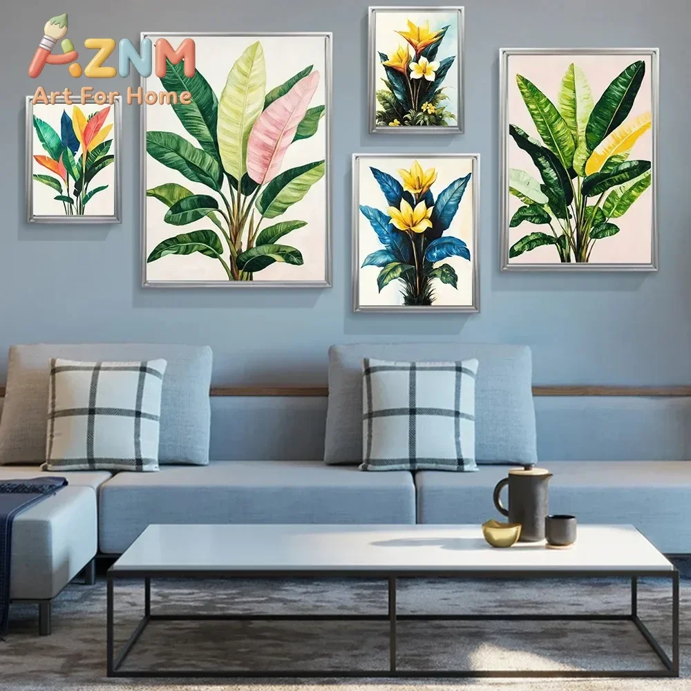 Canvas Painting Tropical Green Plants Golden Petals Aesthetic Prints Modern Home Minimalist Style Decorative Art Wall Decor